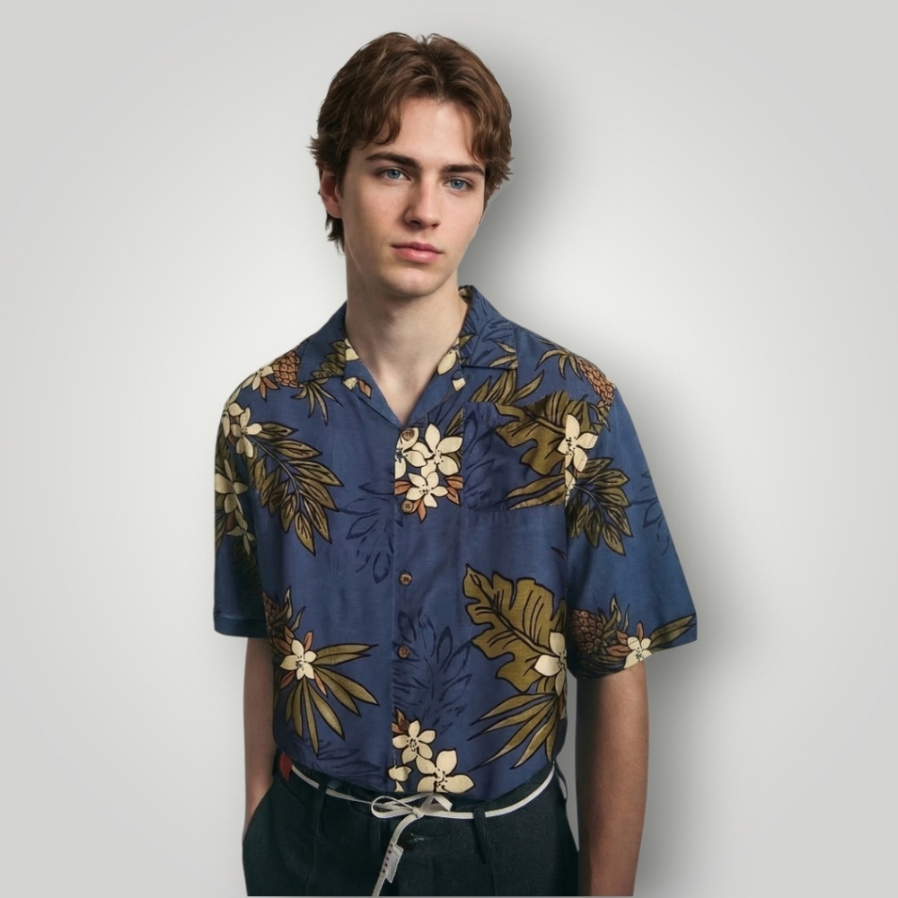 Havana Jack's Cafe Men's XL Hawaiian Shirt 100% Rayon Navy Pineapple Floral Coco